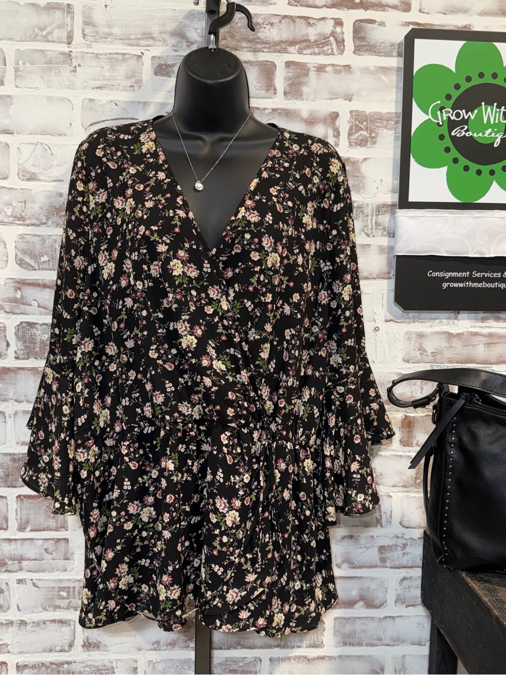 everleigh Black Floral Wrap Tunic with Tie Waist